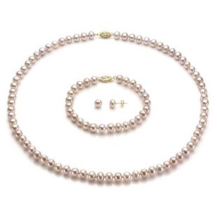 La Regis Jewelry 14k Yellow Gold 6-6.5mm Freshwater Cultured Pearl Necklace 18", 7" Bracelet and Stud Earrings Set