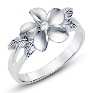 Metal Factory 925 Sterting Silver Plumeria Cubic Zirconia CZ with Maile Leaf Hawaiian Flower Band Ring