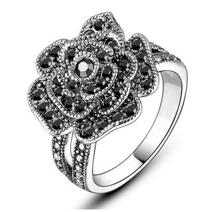 Mytys Vintage Fashion Flower Ring Rose Ring Black Marcasite Stones Paved Statement Rings for Women Girls Silver/Gold Plated