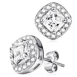 Stud Earrings - Sterling Silver Stud Earrings S925 - CZ Round Crystal Cubic Zirconia Stud Earrings - Rhodium Plated Screw Back Earrings for Women Fashion