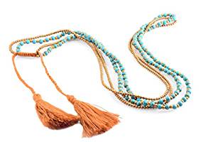 Turquoise tassel strand and gold brown cotton strings statement necklace