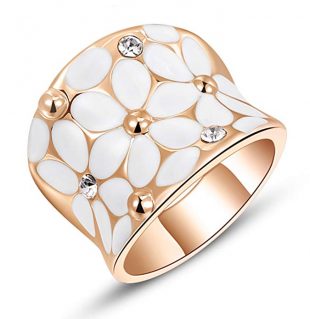 Womens Elegant White Enamel Flower Rose Gold Band Bloom Petal Wedding Engagement Ring Crystal Inlay