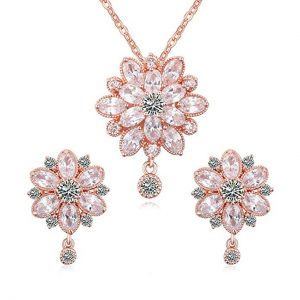 Pink Swarovski Flower Pendant Necklace and Stud Earrings