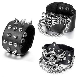 3pcs spike studded rivet punk rock biker wide strap leather bracelet chain wristband