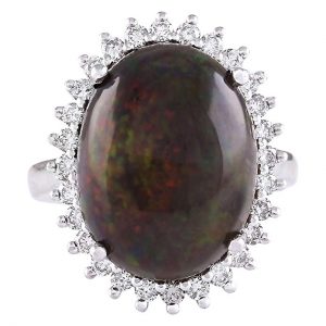 8.66 Carat Natural Black Opal and Diamond (F-G Color, VS1-VS2 Clarity) 14K White Gold Cocktail Ring for Women Exclusively Handcrafted in USA