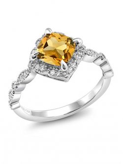 925 Platinum Plated Sterling Silver Cushion Yellow Citrine Women's Ring 1.74 Ctw