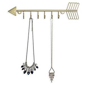 Arrow Design Wall Mounted Brass-Tone Metal 6 Hook Necklace Organizer Hanging Rack