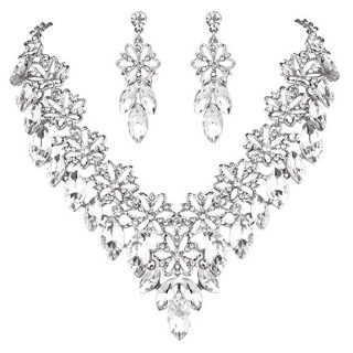 BriLove Women's Wedding Bridal Crystal Multi Flower Marquis Cluster Statement Necklace Dangle Earrings Set