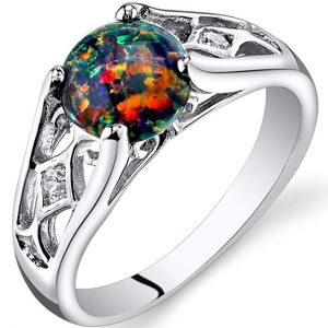 Created Black Opal Venetian Ring Sterling Silver 1.00 Carats Sizes 5 to 9