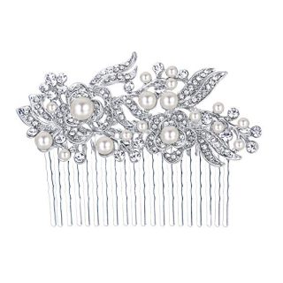 EVER FAITH Austrian Crystal Cream Simulated Pearl Flower Leaf Vine Wedding Feast Hair Comb