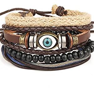 Edtoy Imitation Leather Eye-shaped Unisex Bracelet with Wooden Beads Black and Brown