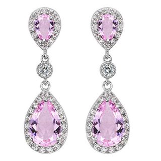 EleQueen 925 Sterling Silver Full Prong Cubic Zirconia Birthstone Teardrop Bridal Dangle Earrings