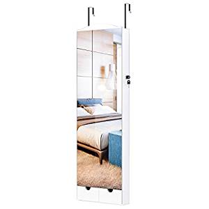 LANGRIA 10 LEDs Wall Door Mounted Jewelry Armoire with Full Length Mirror, Lockable Jewelry Cabinet Organizer with 2 Drawers, Mirror Size 14.4 x 41.5 in, White