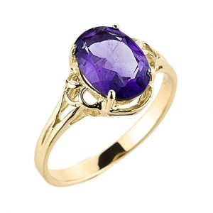 Modern Contemporary Rings Elegant 14k Yellow Gold February Birthstone Genuine Amethyst Gemstone Ring