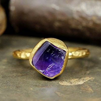 Natural Raw Amethyst Stacking Ring Handcrafted Hammered 24K Yellow Gold Vermeil 925 Solid Sterling Silver Stackable Rough Gemstone Ring