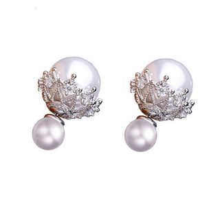 PLITI Double Sided Front Back Pearl Ball Studs Earrings Crystal Prom Wedding Jewelry Gift For Her