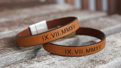 Personalized Leather Bracelets Set of 2 Matching Roman Numerals Coordinates Cuffs Couples Wedding Anniversary Gift