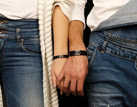 Personalized Matching Couples Cuff Bracelets Third Wedding Anniversary Gift with Leather Inlay His and Her Jewelry Black Tone