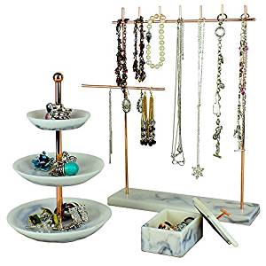 Set of 3 Rose Gold Jewelry Tower Tier Tray Stand - 3-Tier Jewelry Dish, Tower Rack, Jewelry Box, Marble