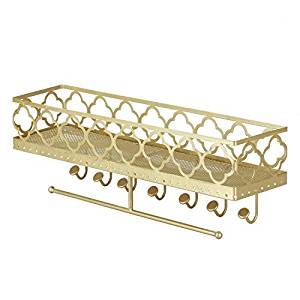 Simmer Stone Hanging Wall Jewelry Organizer, Metal Wall Mount Jewelry Storage Holder Rack with Tray, Decorative Display Holder for Necklaces, Bracelets, Earrings, Rings, Cosmetic Accessories, Gold