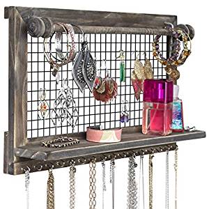 SoCal Buttercup Rustic Brown Jewelry Organizer with Removable Bracelet Rod from Wooden Wall Mounted Holder for Earrings Necklaces Bracelets and Other Accessories