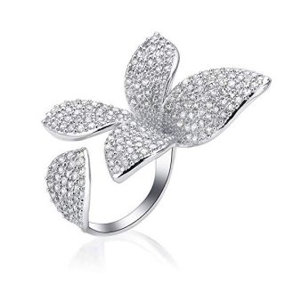 dnswez 2 Finger Ring Flower Open Cubic Zirconia Sparkly CZ Silver Cluster Cocktails Enage Statement Rings for Women Girl Adjustable Size