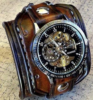 teampunk Leather Wrist Watch, Skeleton Men's watch, Aged brown Leather Cuff, Bracelet Watch, Watch Cuff