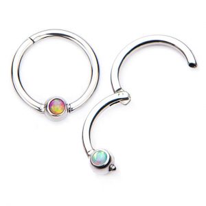 16G Opal Centered Stainless Steel Hinged Segment Ring for Septum, Nostril, Lip, and Ear Piercings - Available in Multiple Colors and Sizes