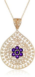 18k Yellow Gold Plated Gemstone Flower Filigree Teardrop Pendant Necklace, 18"