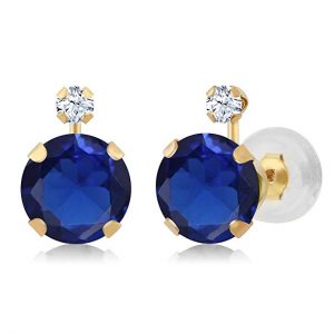 14K Yellow Gold Blue Simulated & White Created Sapphire Earrings