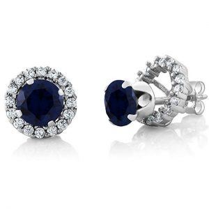 Blue Sapphire Earrings 925 Sterling Silver Gemstone Stud Halo Set