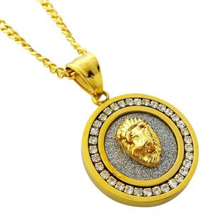 Exo Jewel Diamond Framed Mini Medallion Pendant Stainless Steel Necklace 24" Thin Cuban Chain