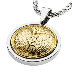 GESTALT COUTURE Unique Tungsten Medallion Necklace. Stainless Steel Tree of Life Inlay with 18kt Gold Plating.
