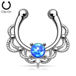 Lacey Single Opal 16g Septum Hanger Clip On Non No Piercing - Choose Blue, White, Pink or Purple Synthetic Opal