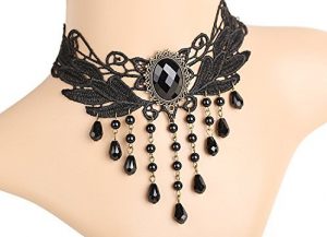 Meiysh Lolita Gothic Black Lace Choker Beads Tassels Chain Pendant Necklace Earrings set