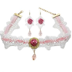 Meiysh White Flower Lace Gothic Lolita Beads Pendant Choker Necklace Earrings Set