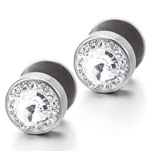 Men Women Circle Stud Earrings Steel with Cubic Zirconia, Cheater Fake Ear Plug Gauges, 2pcs