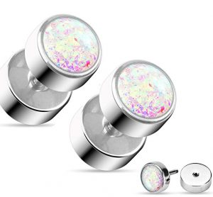 Opal Glitter Fake Cheater Plugs Stud Earrings - 16g, 316L Surgical Steel - Sold as Pair