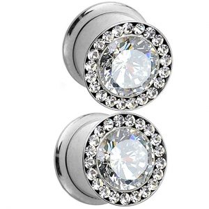 Pair of Clear CZ Center & Paved Rim Ear Plugs Tunnels Stainless Steel 0g or 00g (Internally Threaded)
