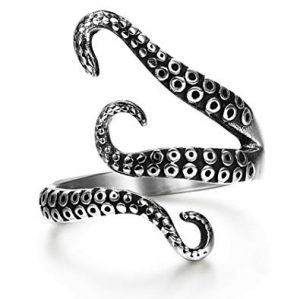 Prizemall Vintage Adjustable Octopus Mens Womens Polished Stainless Steel Tentacle Ring Retro Gothic Punk Style Jewelry Silver Black