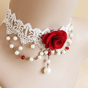 Pure Gothic Ribbon Bridal Lace Pattern Necklace Vintage Romantic Handmade Bridal Wedding White Lace Choker Necklace Short Flower Pearl Relighous Necklace