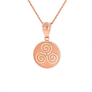 Solid 14k Rose Gold Celtic Triple Spiral Triskele Round Pendant Necklace