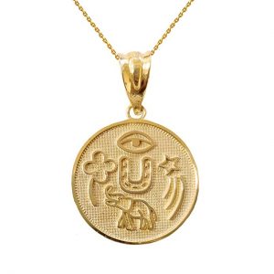 Solid 14k Yellow Gold Lucky Charms Amulet Good Luck Medallion Pendant Necklace