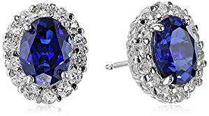 Sterling Silver Blue and White Created Sapphire Oval Earrings