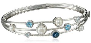 Sterling Silver Cluster Freshwater Cultured Pearl and Blue Topaz Diamond Bangle Bracelet