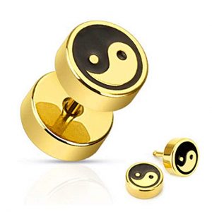 U2U Jewelry 316L Surgical Steel Pair of IP Ying Yang with Black Inlay Fake Plug Earring