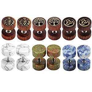 Zysta Unisex Earring Studs Set Mixed Styles Wood Stone Stainless Steel Piercing