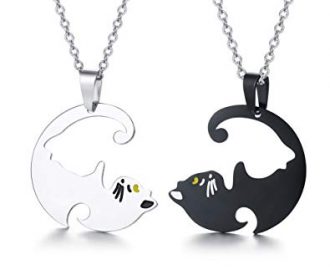 PJ Stainless Steel Yin Yang Pet Cat Puzzle Piece Matching Couple Pendant Necklace