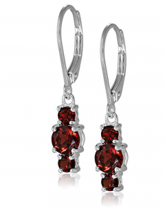 Sterling Silver Genuine Garnet 5mm and 3mm Three Stone January Birthstone Leverback Dangle Earrings