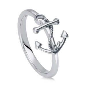 BERRICLE Rhodium Plated Sterling Silver Anchor Fashion Right Hand Ring